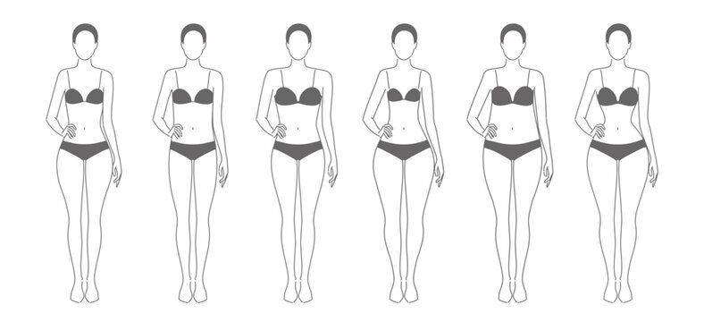 Five types of women s body shapes hourglass, pear, rectangle, apple, and inverted triangle. Female figures template for fashion, beauty, clothing, and fitness use. Vector line sketch illustration