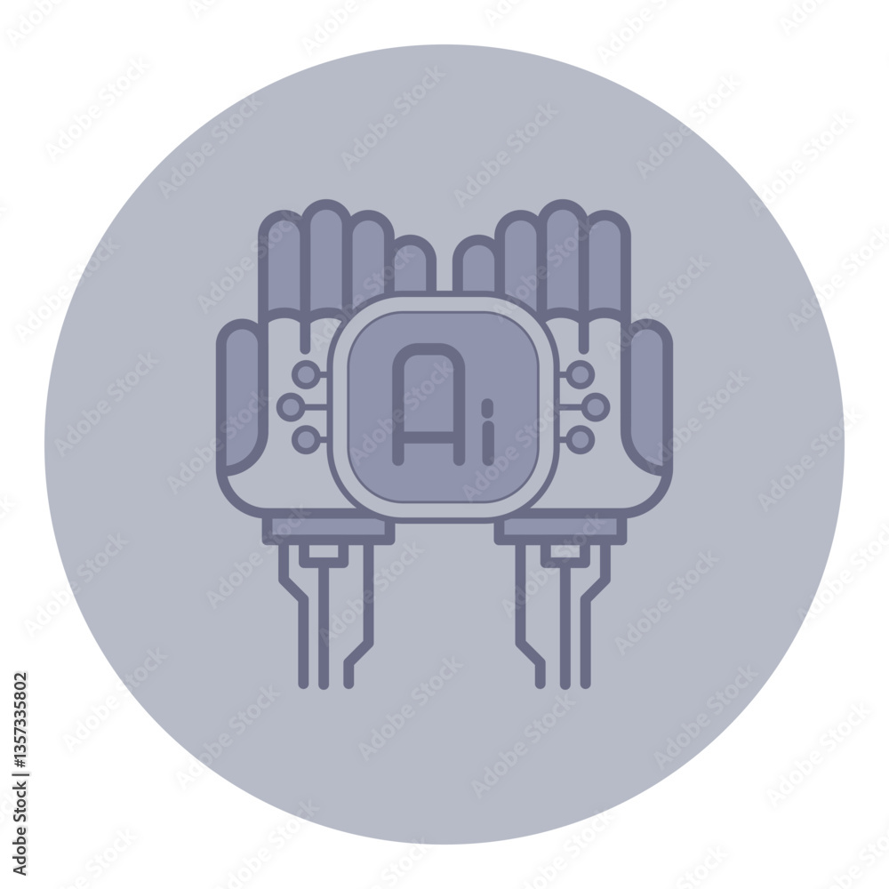 Poster line icon of two robotic hands holding central symbol for artificial intelligence. technological adv