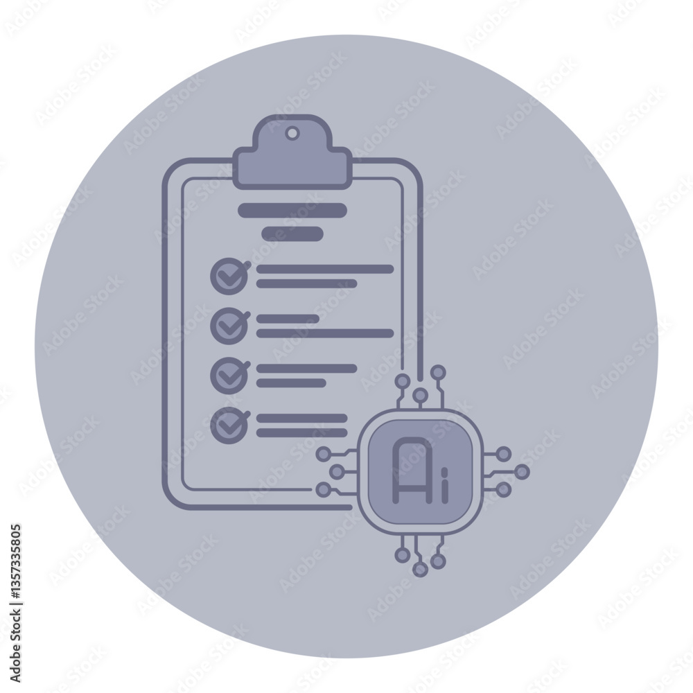 Poster line icon of clipboard with checkmarks beside microchip labeled ai. technology and task completion c