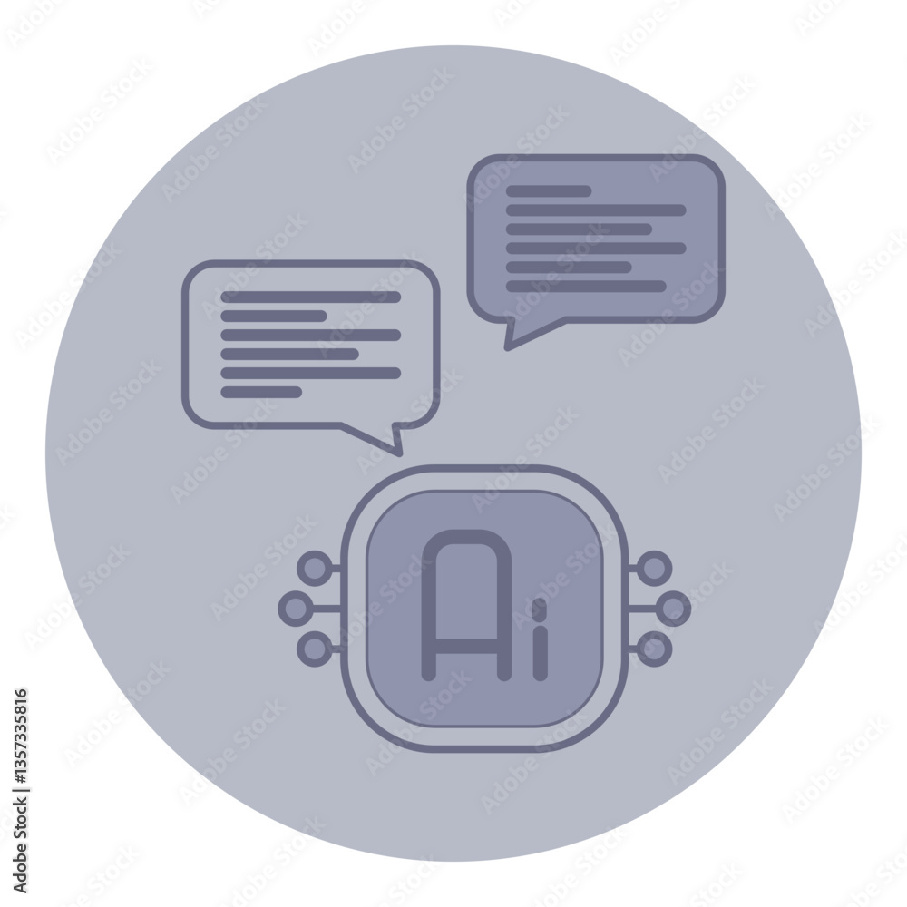 Poster icon of artificial intelligence symbol surrounded by speech bubbles containing text. modern technolo