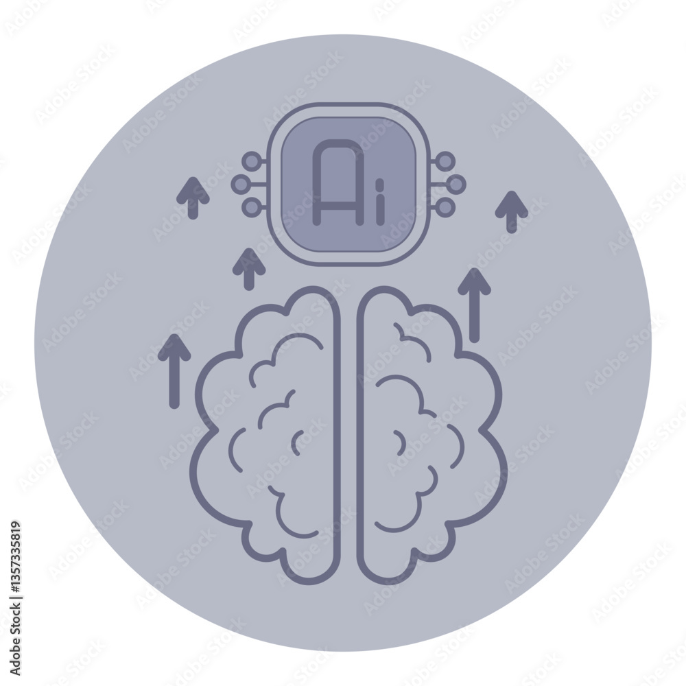 Poster icon of brain with ai symbol above it. arrows suggesting enhancement and growth in field of artifici
