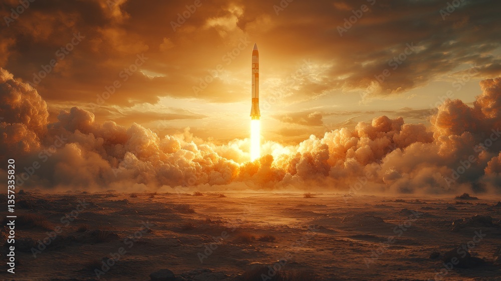 Poster a rocket propels upward against a backdrop of colorful clouds during sunset, showcasing the power of