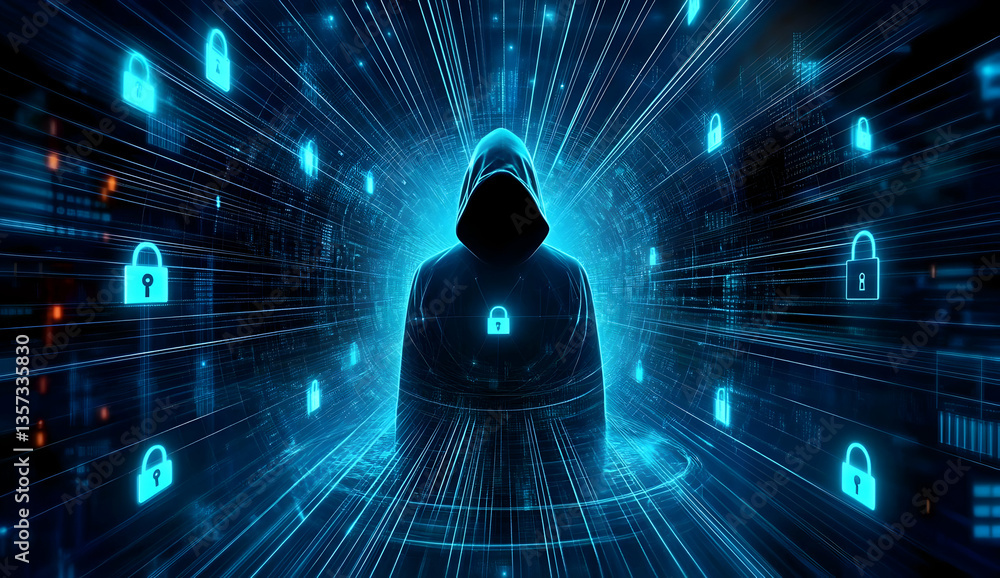 Poster a mysterious figure in a hooded cloak surrounded by digital locks, symbolizing cybersecurity and dat