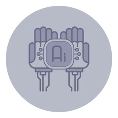 Line icon of two robotic hands holding central symbol for artificial intelligence. Technological advancement and innovation in AI concept