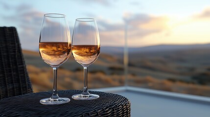 Obraz premium Two Elegant Rose Wine Glasses on a Scenic Terrace Overlooking Vibrant Landscapes and Rolling Hills