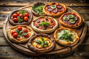 Rustic Wooden Tray of Six Gourmet Pizzas with Diverse Toppings and Crusts