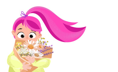 Cartoon girl with long pink hair holding a bouquet of daisies and wildflowers, ideal for greeting cards childrens books posters spring designs and educational materials.Vector illustration