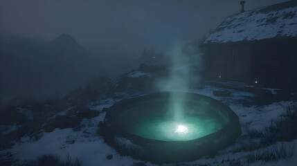 Mystical mountain hot spring at night.  A glowing, circular hot tub sits atop a snow-covered mountain, bathed in ethereal light, with a rustic cabin in the background.
