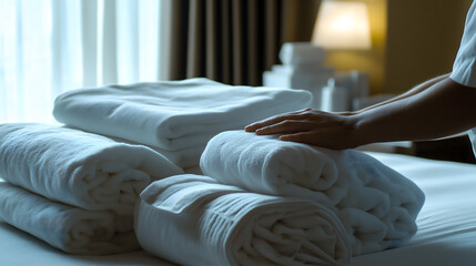 A hotel housekeeping staff preparing towels for guests who will check in during the weekend in the guest room