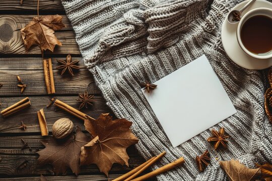 Top View of Blank Card on Sweater with Cup of Coffee and Cinnamon Sticks