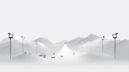 The image is a monochrome photograph or digital rendering depicting a winter landscape.  The color palette is limited to shades of white and grey.  The scene features a series of streetlights