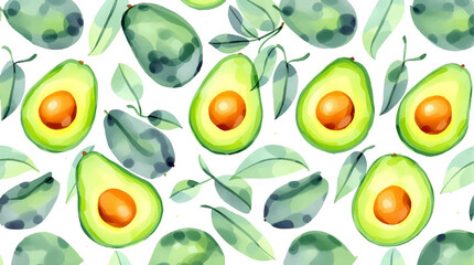 Watercolor Avocado on white background seamless pattern