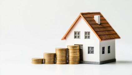 Miniature house with stacked coins representing real estate investment property value and financial growth