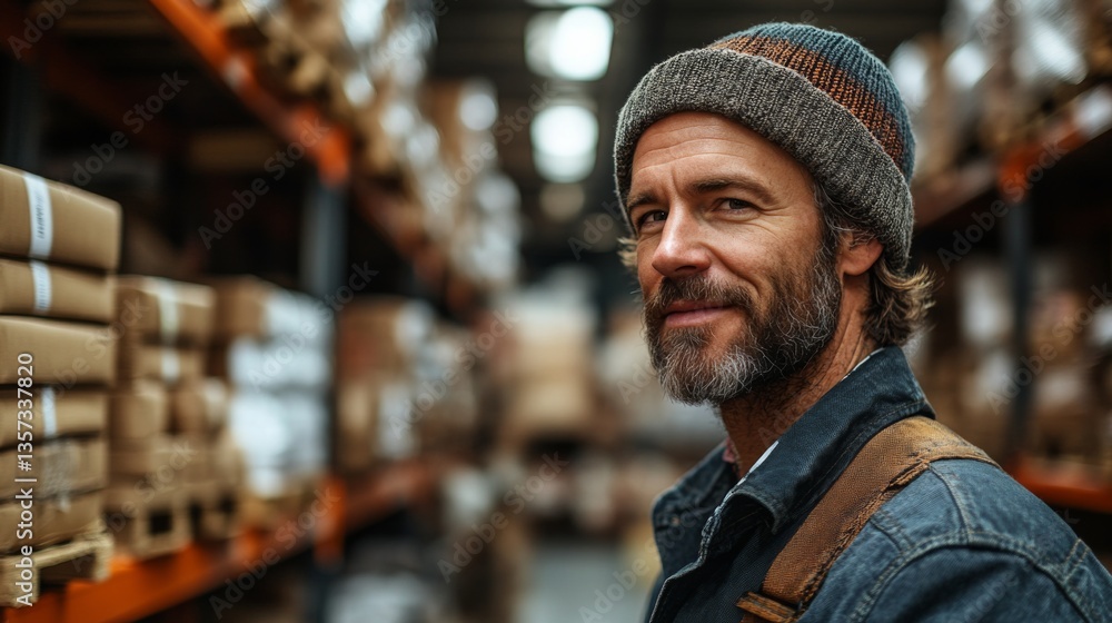 Poster a man stands confidently among stacked packages in a warehouse distribution hub. he is involved in o