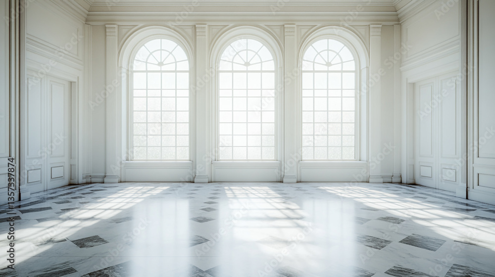 Aufkleber bright interior with three arched windows and marble floor creating a pristine and elegant space