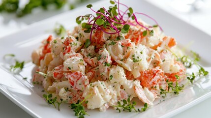 Crab salad arranged in a fine-dining style on a white plate, garnished with microgreens 