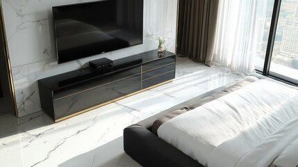 A luxurious hotel suite bedroom featuring gleaming white marble flooring and a low-profile black TV stand