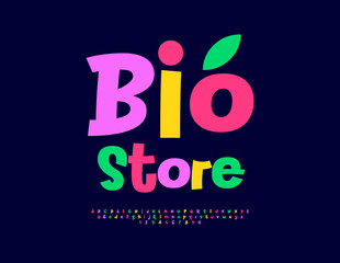 Vector Vegan poster Bio Store. Holiday Colorful Font. Bright Positive Alphabet Letters, Numbers and Symbols