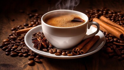 Fototapeta premium aromatic coffee in white cup surrounded by cinnamon sticks and coffee beans evoking warmth and comfort