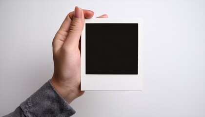 hand holding a empty polaroid photo template blank photo frame mockup vintage card on white background