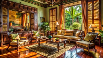 French Indochine Interior Design: Candid Shot of a Luxurious Colonial-Style Living Room