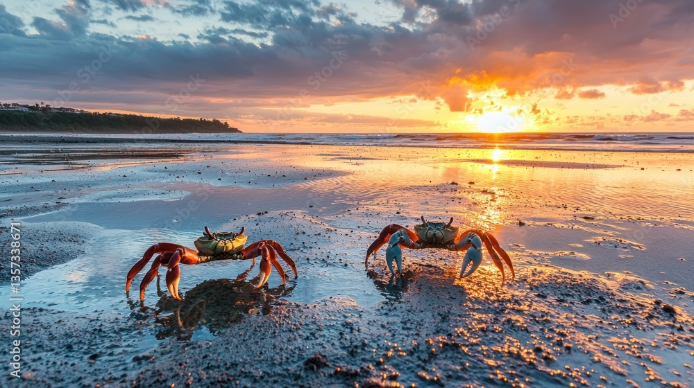 Poster Crabs moving across wet sand with a setting sun reflecting off tidal pools.