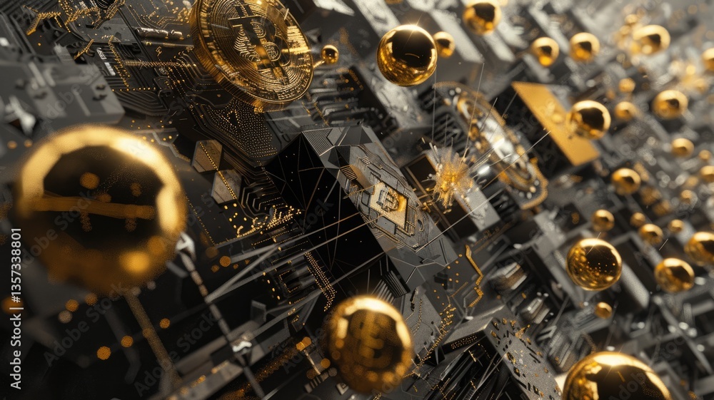 Poster digital image of glowing bitcoin coins floating in space with light trails. abstract artwork of gold