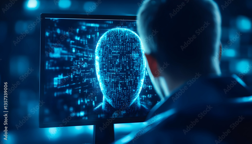 Poster a person gazing at a futuristic computer display showcasing a digital face, symbolizing artificial i