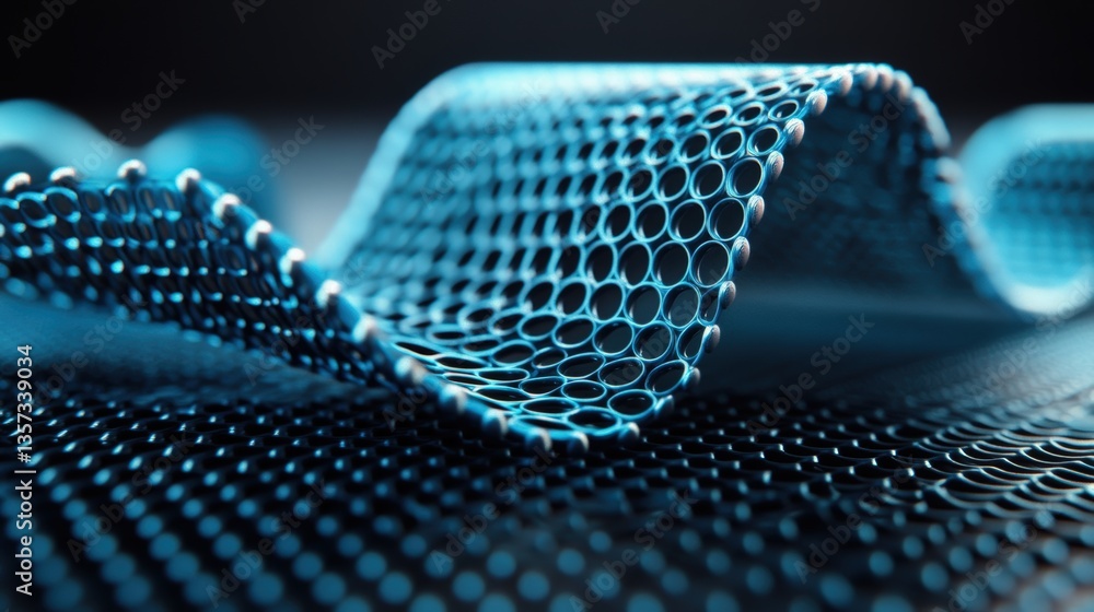 Poster close-up view of a digital woven nanomaterial with interconnected circular nodes in undulating patte