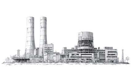 A grayscale pencil sketch depicting an industrial power plant. The drawing features two prominent chimneys, a cooling tower, and a collection of various industrial buildings.  The style is