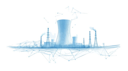 A stylized illustration depicting an industrial complex, possibly a power plant or factory, rendered in shades of light blue against a white background.  The illustration is abstract, using