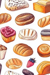 Seamless Pattern Featuring an Assortment of Bread and Pastry Illustrations