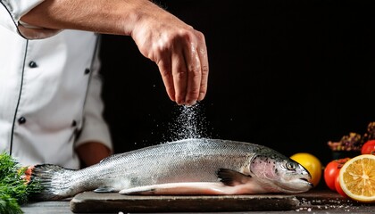 a professional chef prepares fish close up of sprinkling sea salt on raw fresh white trout cooking healthy delicious food restaurant service and cooking