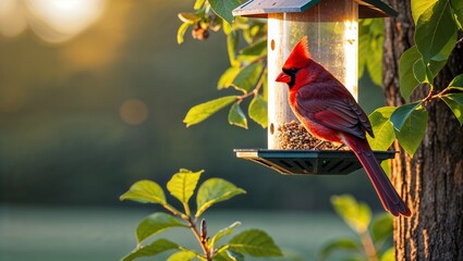 Bird feeder with a red cardinal perched, iconic nature shot, bright red feathers contrasting green leaves, soft golden hour light