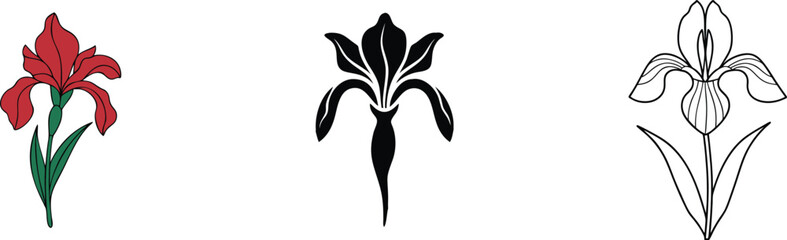 Three Iris Flower Designs Red, Black, and Line Art Styles