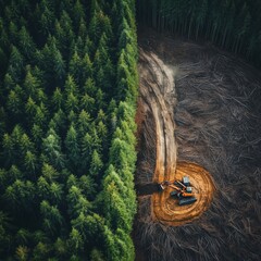 Aerial view of a forest being cleared by heavy machinery, with dense green trees on one side and barren land with tree stumps on the other
