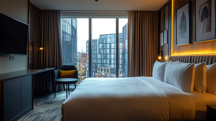 A modern hotel room with a large bed and a view of the city skyline through a large window
