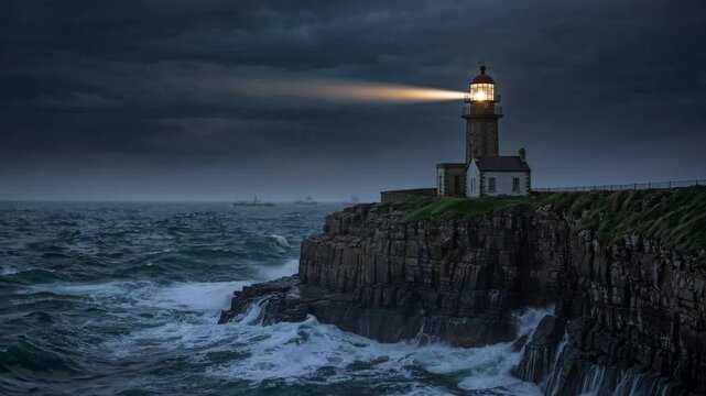 Dramatic video scene of a lighthouse on a rocky cliff, captured from a low angle. The beacon illuminates stormy seas under a dark, moody sky.