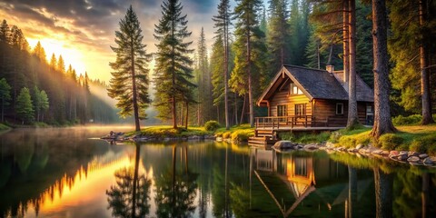 Fototapeta premium Serene Lakeside Cabin Retreat in Lush Kruz Woods