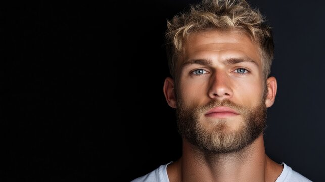 Close-up portrait of a light-skinned man with a serious expression, styled blonde hair and a short beard