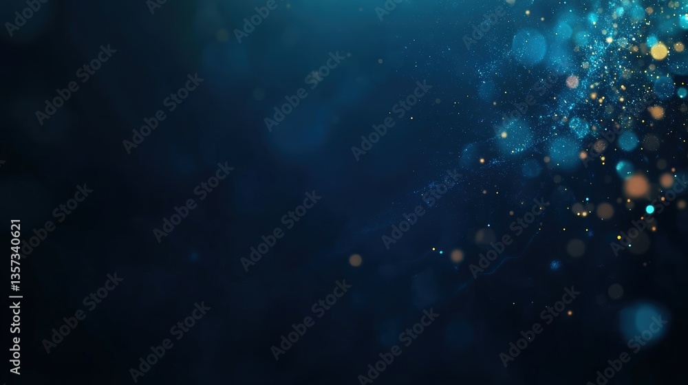 Poster abstract image showcasing glowing blue and gold particles delicately floating against a mesmerizing 
