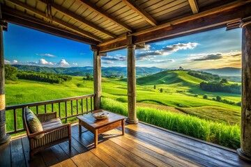 Fototapeta premium Serene Landscape Watching TV on Cozy Porch - Relaxing Countryside View
