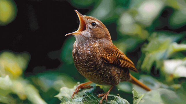 Closeup of a Eurasian Wren bird, Troglodytes troglodytes, bird singing in a forest during Springtime
