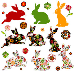Vector set Happy Easter. Patterned Easter Bunnies with Flowers.  For Posters Banners Design, Sales, Cards, Invitations, Parties. Transpatent background. Isolated