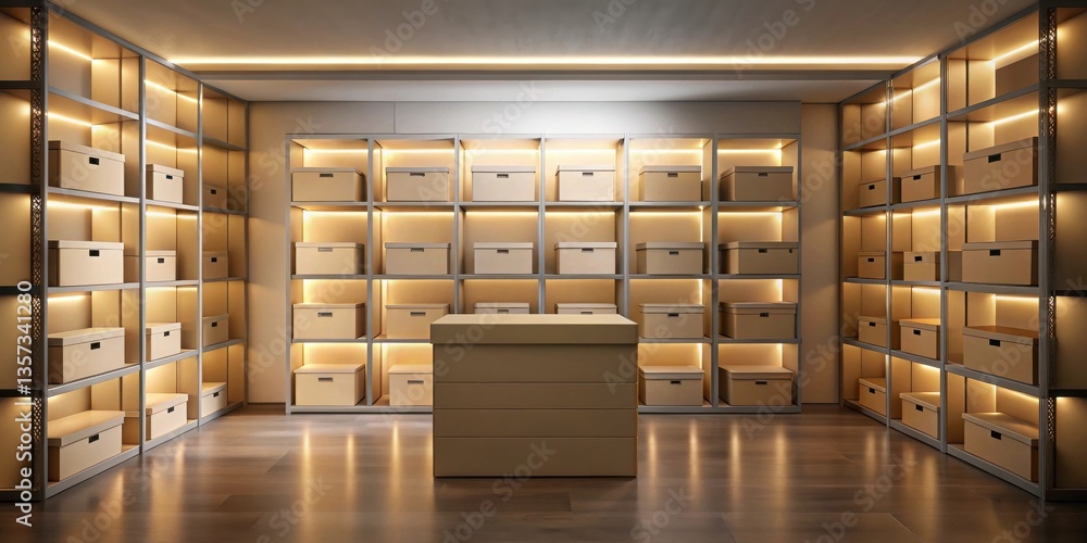 Poster illuminated storage room with organized cardboard boxes and a central display platform