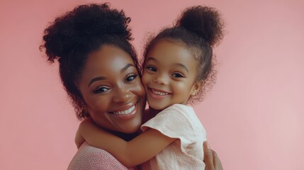 A happy mother and daughter embrace each other, smiling widely against a soft pink background.