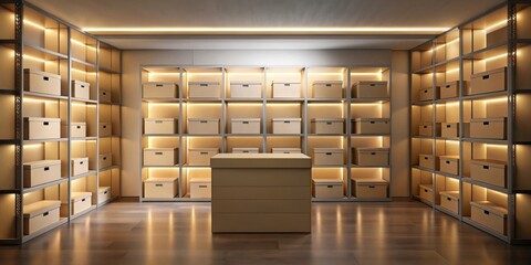 Illuminated Storage Room with Organized Cardboard Boxes and a Central Display Platform