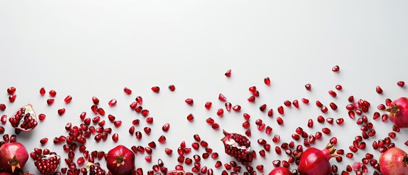 Red fresh pomegranate seeds scattered on colorful background. Macro photography of pomegranate seeds scattering around at colorful background. Flat lay composition with copy space. Superfoods. AIG55.