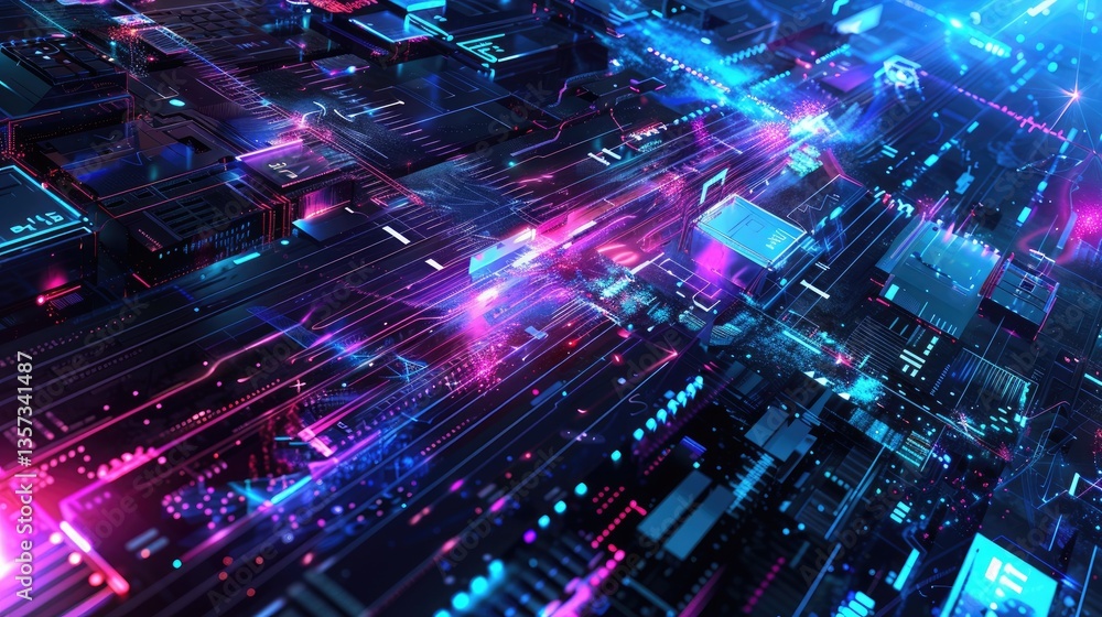 Poster a vibrant digital network wallpaper design featuring abstract neon lights and intricate patterns, cr