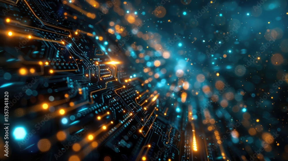 Poster abstract digital background with orange and teal glowing dots. perspective view of glowin blue dots 